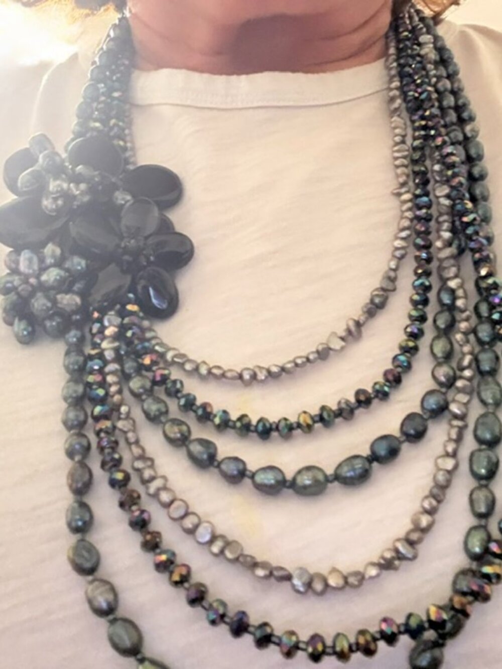 Multi Strand Flower Pearl & Crystal Necklace